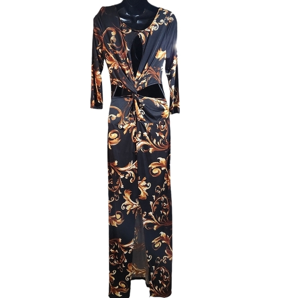 Women's Sleek ¾ Sleeve Gold and Black Swirl Back Split Maxi Dress Size Small - Picture 2 of 8